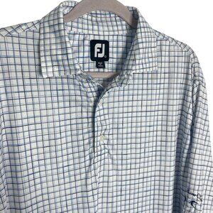 FJ Polo Shirt Mens L Geometric Performance Golf Checked Indian River Blue White‎